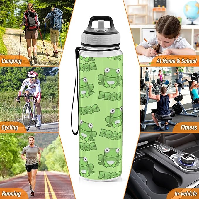 Water Bottle with Straw Kawaii Frogs Green Sports Bottles BPA-Free Tritan Water Jug with Carrying Strap for Women Men Gym Outdoor Sports