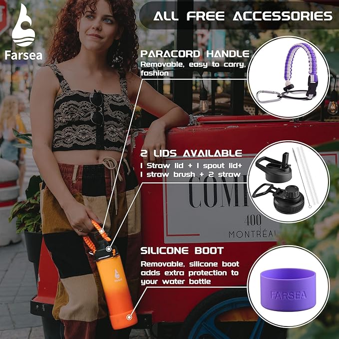 Farsea Insulated Water Bottle With Paracord Handle, Protective Silicone Boot and 2 Lids (Straw Lid & Spout Lid), Stainless Steel Water Bottle Wide Mouth, Double Wall Sweat-Proof BPA-Free, 24 oz