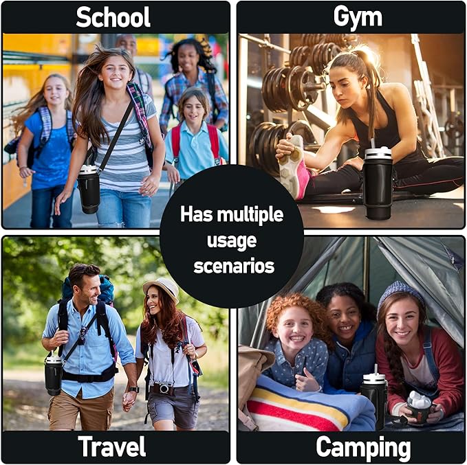 Water Bottle Carrier Bag with Phone Pocket for 40oz Tumbler with Handle, Adjustable Strap Neoprene Water Bottle Sleeve Pouch for Hiking Camping Travelling. (Black)