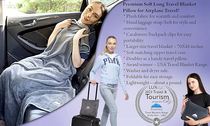 BlueHills Premium Soft Long Travel Blanket Pillow for Tall Airplane Flight Blanket Throw in Soft Bag case with Hand Luggage Belt & Backpack Clip Compact Pack Large Blanket Grey Gray T052