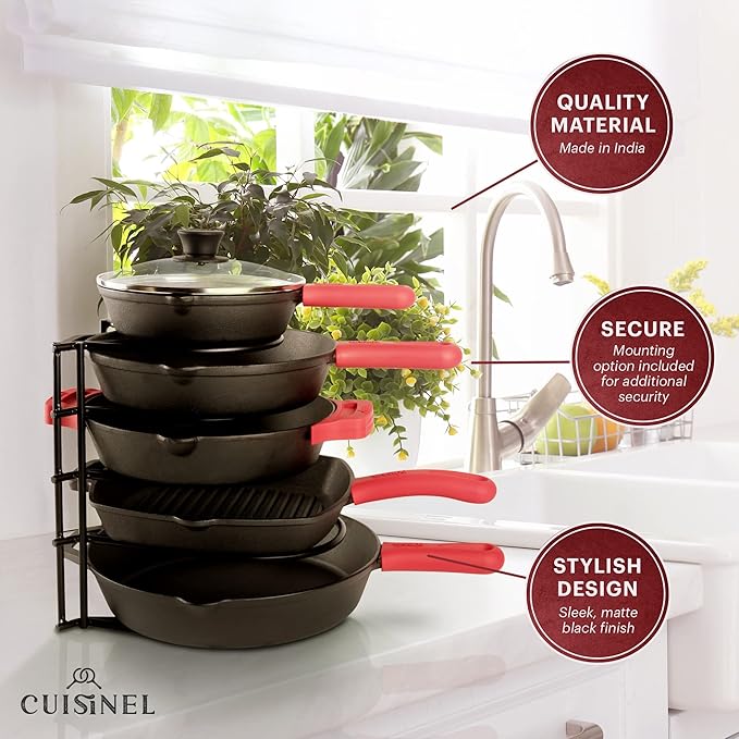 Cuisinel Pan Organizer Rack - 60 to 100-LBS Capacity Extremely Heavy Duty - 8mm Thick Made in India - Matte-Black 12.7"-Tall 5-Tier Space-Saving Kitchen Counter/Cabinet Storage for Cast Iron Cookware,