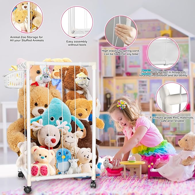 Stuffed Animal Storage Zoo Stuffed Animal Holder Space Save Vertical Stuffed Animals Storage PVC with Elastic Band and Net for Playroom Birthday Gift (Small-White)