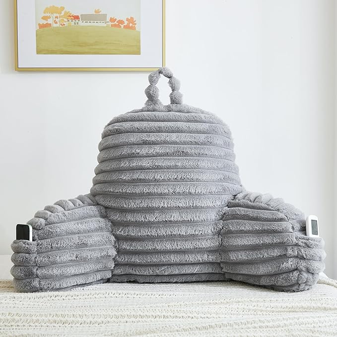 Faux Fur Fluffy Gray Reading Pillow with Pockets, Luxury Striped Plush Decorative, Arm Rests and Back Surport for Bed Rest, Lounging on Sofa, Large