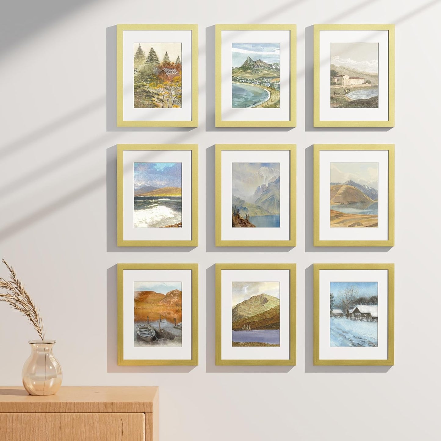 Vittanly 8.5x11 Picture Frames Set of 9, Shatter Resistant Plexiglass, Display 6x8 Pictures with Mat or 8.5x11 without Mat, Photo Frames for Wall or Tabletop, Engineered Wood, Gold