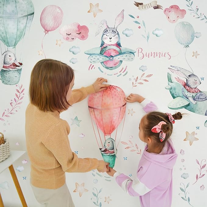 Bunny Wall Decals for Kids by Lipastick - 143 pcs Rabbits Wall Stickers Peel and Stick - Hot Air Balloon Wall Decals for Girls Boys Kids Baby Nursery Room Bedroom - Bunies Wall Decor Aircraft L Size