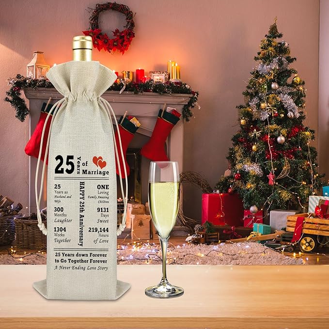 25 Year Marriage Gift for Wife Husband Wine Bag 25th Anniversary Wedding Gift for Her Him Drawstring Burlap Wine Bag Anniversary Keepsake Gift for Couples Friend Valentine Gift for Husband Wife