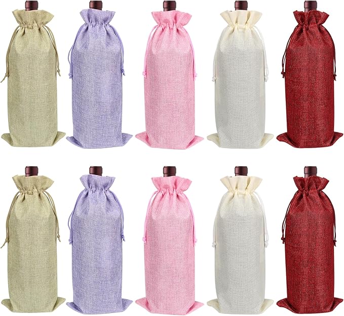 Shintop 10pcs Jute Wine Bags, 14.4 x 5.6 inches Hessian Wine Bottle Gift Bags with Drawstring （5 colors）