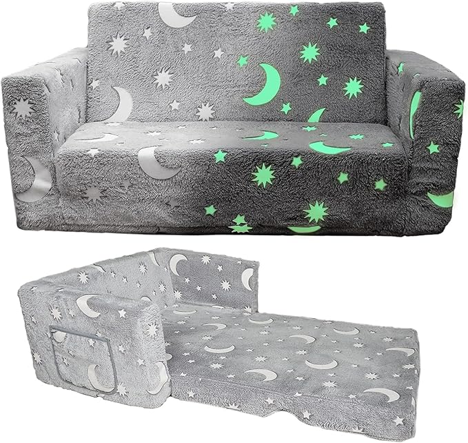 Glow in The Dark Chairs Children's Extra Wide Convertible Sofa to Lounger - Extra Soft 2 Seats 2 in 1 Flip Open Sleeper Couch for Toddler Kids Girls Boys