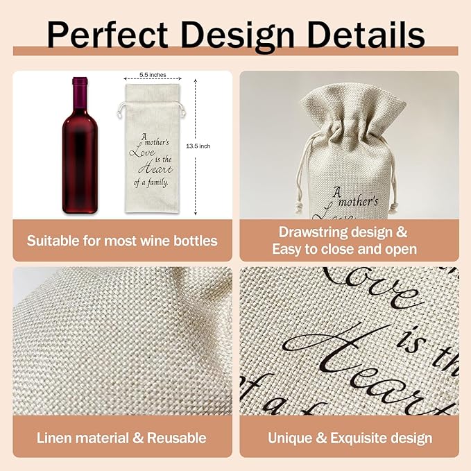 Mom Wine Gift Bag, Mom Gifts for Mom from Daughter Son, Gift for Mother Mama Mother-in-law, 1pcs Reusable Burlap Drawstring Wine Gift Bag for Wine Bottles, Mother's Day Holiday Party Favor -20