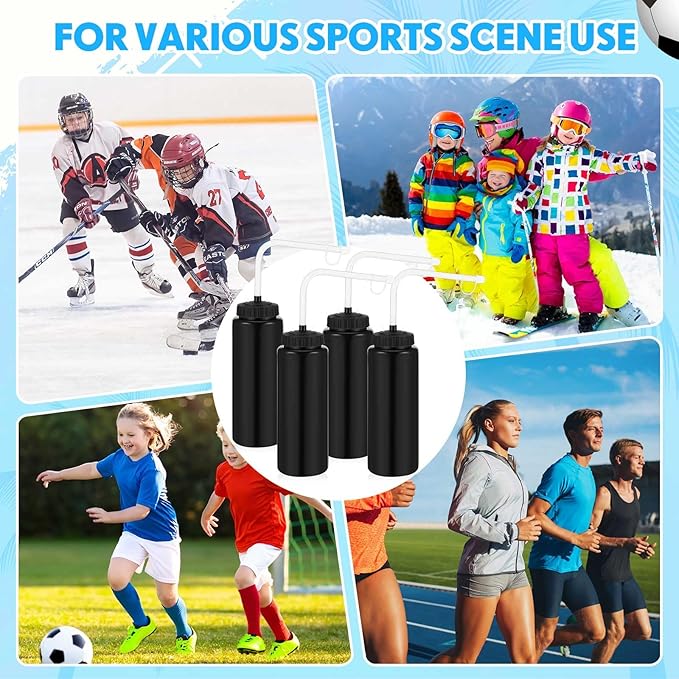 Domensi 4 Pack 1 Liter Sports Water Bottle W/Long Straw Hockey Lacrosse Water Bottle with Straw BPA Free Easy Squeeze Plastic Use W/Sport Helmet in Football Baseball Gym Yoga(Black)