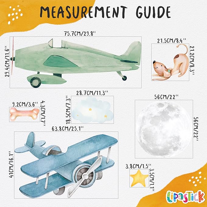 Large Airplane Wall Decals for Kids by Lipastick - 89 pcs Premium Kids Wall Stickers Aircrafts - Creative Nursery Wall Decal - Plane Vinyl Wall Decals for Baby Nursery Children Room Bedroom XXL Size