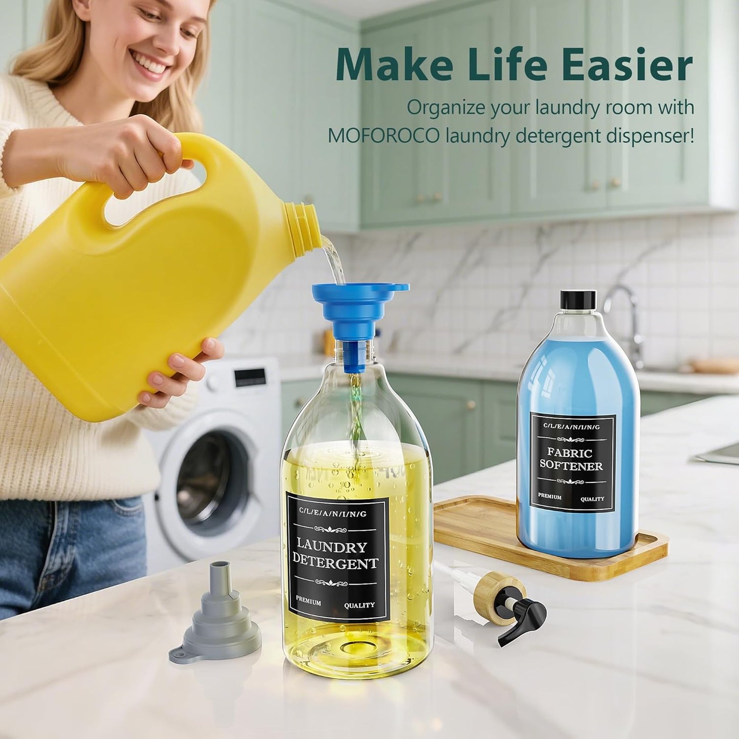 Moforoco Liquid Laundry Detergent Dispenser with Bamboo Tray, 2 Pack 64 Oz Plastic Laundry Soap Dispenser, Fabric Softener Dispenser with Pump and Labels for Laundry Room Decor and Organization