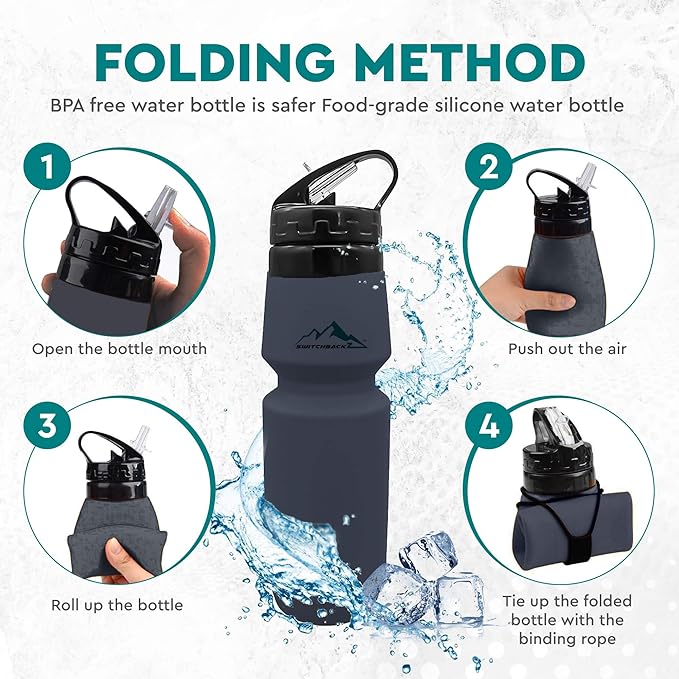 Collapsible Water Bottle (25Oz) - BPA Free Silicone Space Saving Collapse Water Bottle W/ Removable Straw | Temperature Resistant Collapsible Water Bottles For Travel And Rugged Outdoor Activities