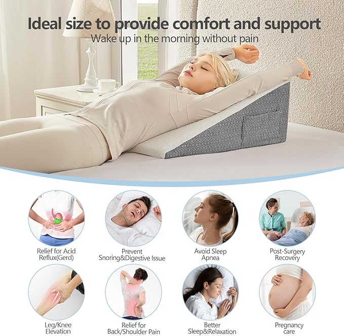 Bed Wedge Pillow for Sleeping, 12 inch Wedge Pillow for Back Pain Relief, Bed Wedge Pillow for Acid Reflux and Gerd, Wedge Pillows for Sleep Apnea, Sleep Wedges for Adults, Anti Snore Pillow(12 inch)