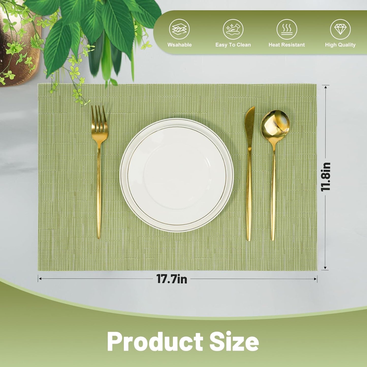 Placemats Set of 6，Non-Slip PVC Weave Table Mats Easy to Clean，Heat Resistant Place Mats for Kitchen Dining Table Decoration Indoor Outdoor，Pea Green