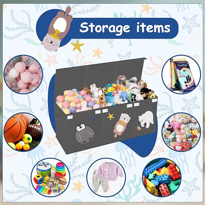 Large Toy Box Storage Chest,Sturdy Toys Storage Organizer Bin Basket with Dividers and Lids for Toddlers,Boys,Girls,Nursery,Closet,Living Room Area,Playroom(Grey Animals)