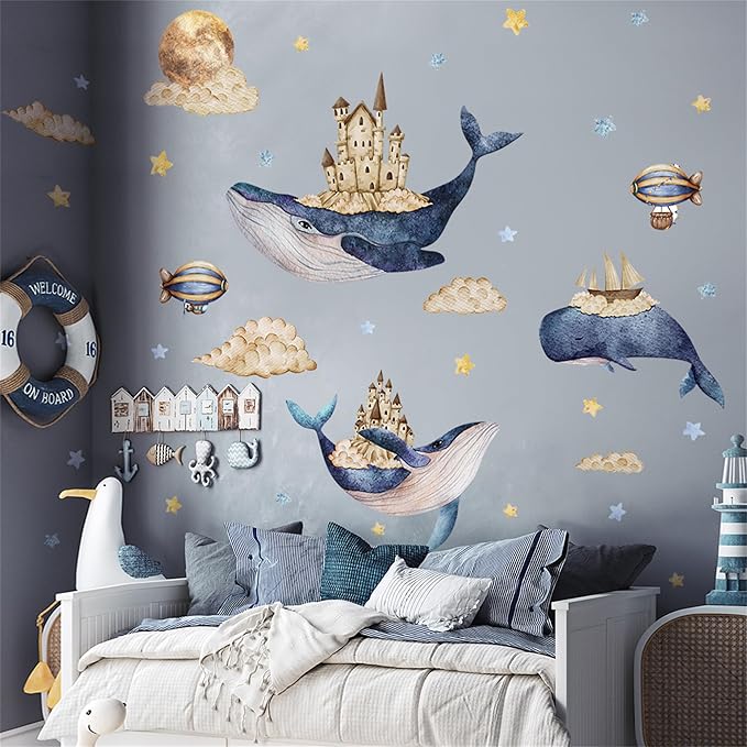 Removable Vinyl Whale Wall Decal Sea Life Wall Sticker Decor Nursery Kidsroom School Classroom Livingroom Bedroom Bathroom Coastal Ocean Fish Murals Decals
