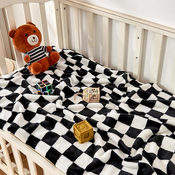 Checkered Baby Blanket Fleece Baby Blankets for Boys Girls, Ultra Soft Cozy Fluffy Infant Toddler Newborn Receiving Blankets for Crib Stroller, 30''x40'', Black