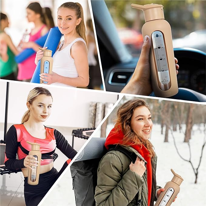 24oz Glass Motivational Water Bottle with Flip Lid Straw, Silicone Protective Sleeve, Handle, Reusable BPA Free (Black)