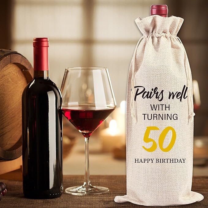 Funny Birthday Wine Bag Gifts - 50th Birthday Gifts 50th Birthday Gift Ideas for Women Men Birthday Gift Red Wine Bag Birthday Party Decor Drawstring Burlap Wine Bottle Bag