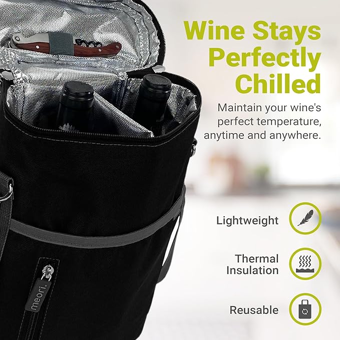 meori 2-Bottle Insulated Wine Tote + Tumbler Set with Lids Bundle Gifts for Wine Lover | Lava Black