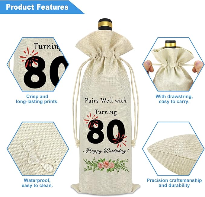 80th Birthday Gift Ideas for Women Men 80 Years Old Birthday Party Decoration Wine Bag Happy 80th Birthday Gift for Friend Sister Dad Mom Husband Wife Eighty Years Old Gift Wine Bottle Bag