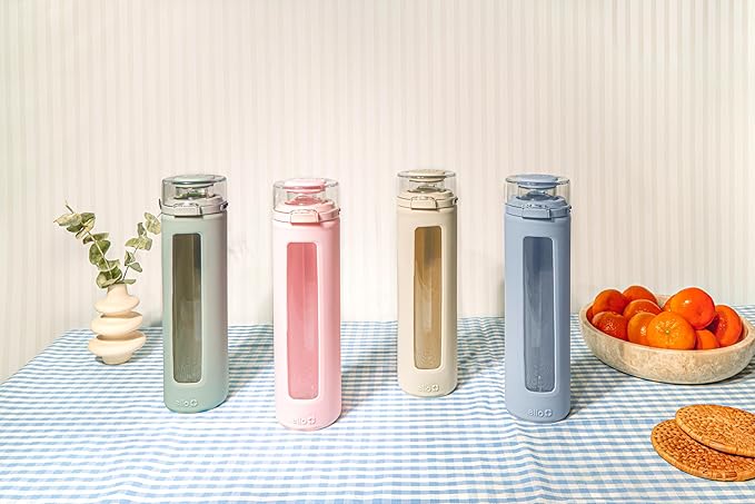 Ello Syndicate Glass Water Bottle with One-Touch Flip Lid and Protective Silicone Sleeve and Carry Loop, BPA Free, Dishwasher Safe,20oz