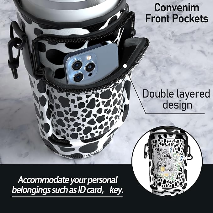 Water Bottle Carrier Bag with Phone Pocket for 40oz Tumbler with Handle, Adjustable Strap Neoprene Water Bottle Sleeve Pouch for Hiking Camping Travelling. (Cow)