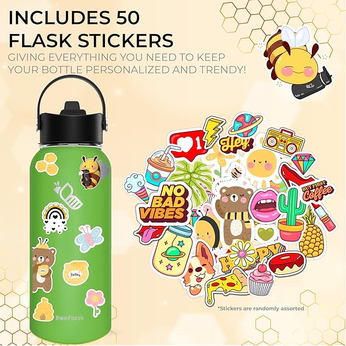 Sports Water Bottle - 32 Oz, 3 Lids (With straw), 50 Cute Stickers, Vacuum Insulated, 308 Stainless Steel, with a Portion of Sales Supporting Bee Conservation Efforts (Forest Green)
