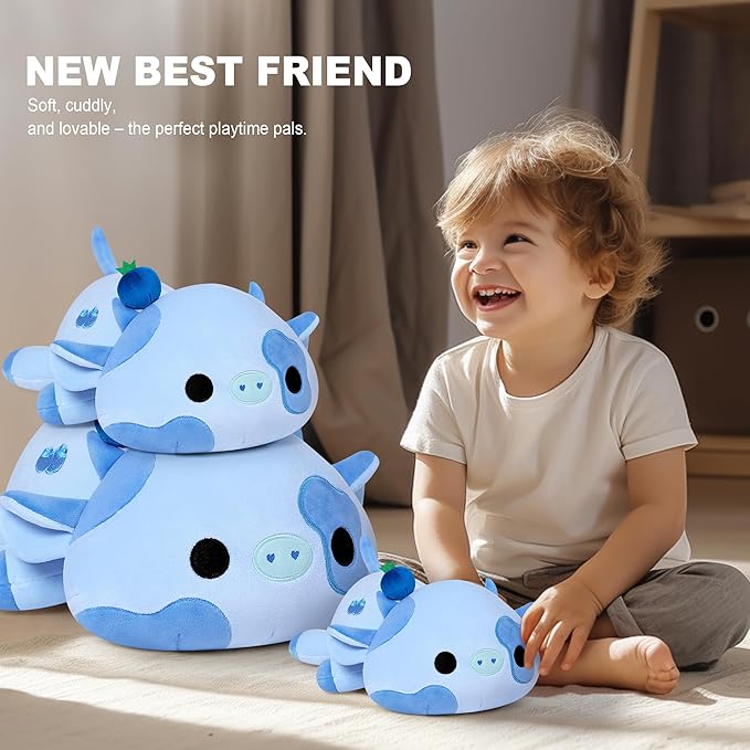 Onsoyours Cute Cow Plushie, Soft Stuffed Blueberry Cow Squishy Plush Animal Toy Pillow for Kids (Blueberry Cow, 9")