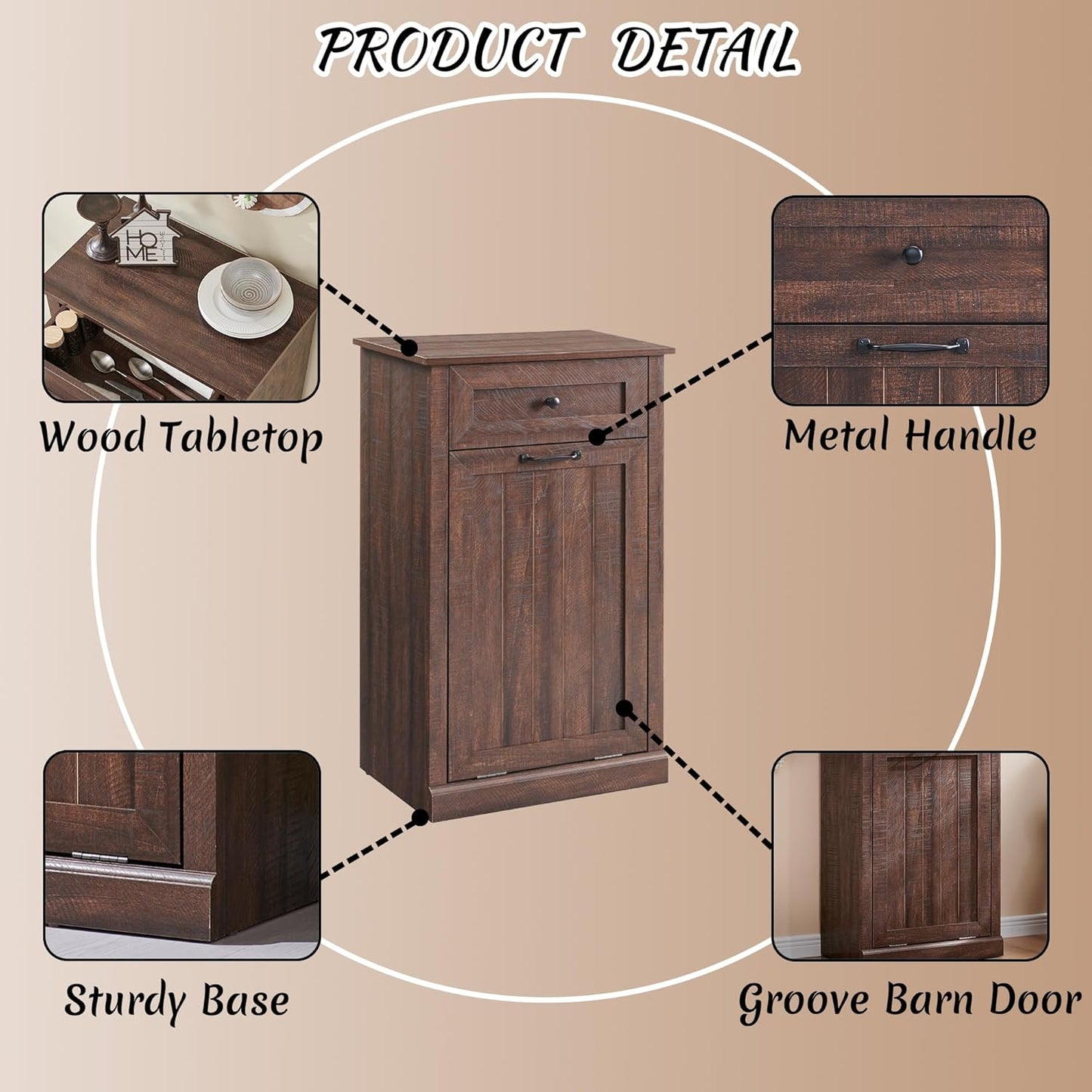 Tilt Out Laundry Hamper Cabinet, 10 Gallon Farmhouse Trash Can Cabinet with Drawer, Hidden Wood Garbage Can Bin Cabinet with Laundry Storage Basket for Bathroom, Kitchen, Brown