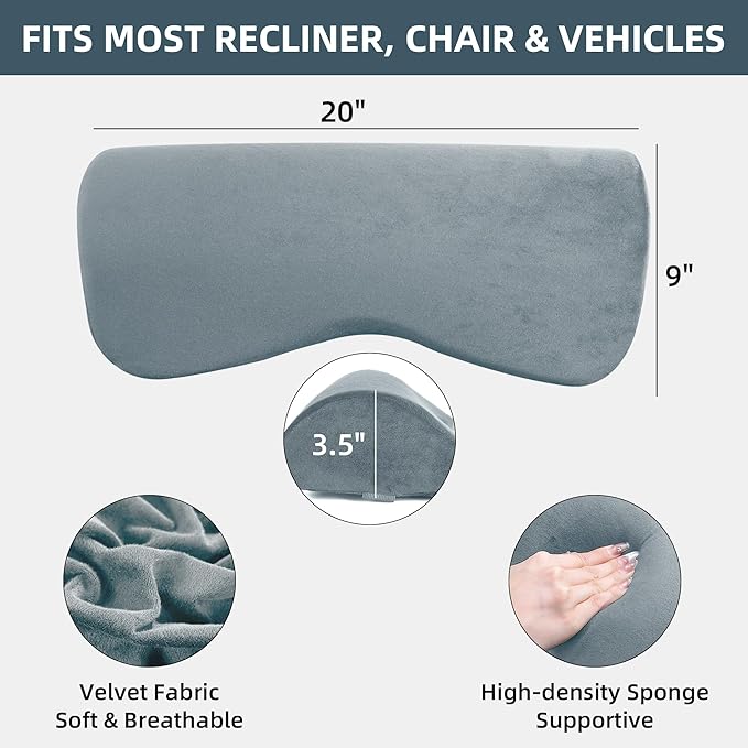HOMBYS Cervial Recliner Neck Pillow for Pain Relief, Foam Headrest Pillow with Strap for Securing, Extra Large & Non-Slip Neck Pillow for Recliner, Sofa, Office Chair, Car, Gaming Chair, Light Grey
