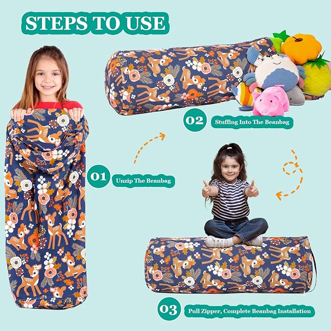 Stuffed Animal Bean Bag Storage Chair for Kids Cover Only (No Filler), Organize, Sit, Play & Boxing, 100% Cotton Canvas Washable, Ultra Soft Cylinder Long Vertical Zipper Best Gift for Child