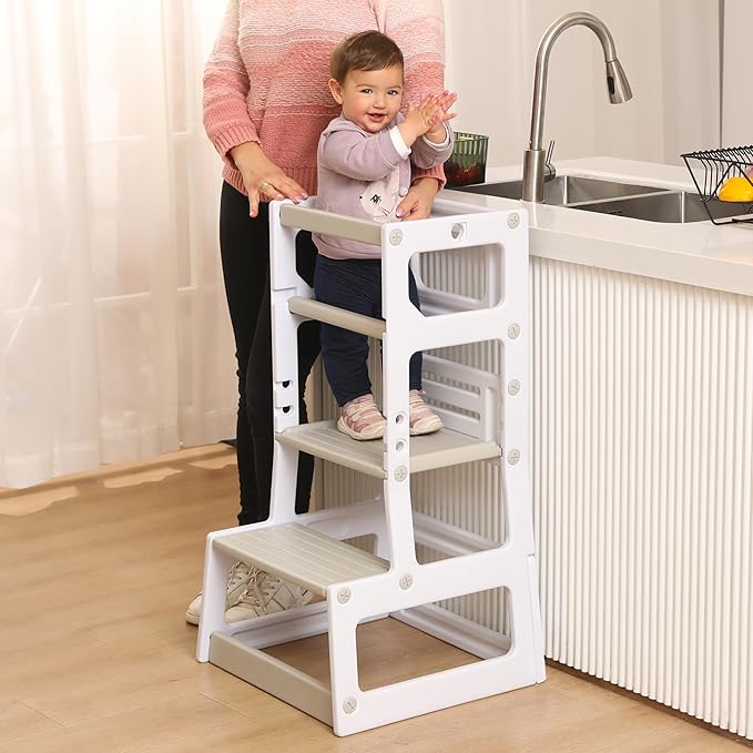 SDADI Mother's Helper Adjustable Height Plastic Kitchen Step Stool for Children, Kids Toddlers Counter Level Learning Stool for Kitchen & Bathroom,Beige and Light Grey