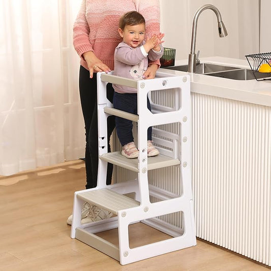 SDADI Mother's Helper Adjustable Height Plastic Kitchen Step Stool for Children, Kids Toddlers Counter Level Learning Stool for Kitchen & Bathroom,Beige and Light Grey
