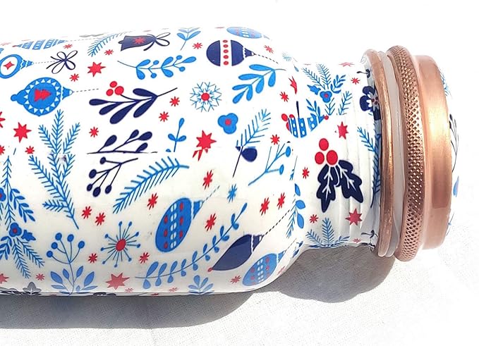 Pure Printed Copper Water Bottle - Leak Proof Ayurvedic Drinkware Copper Vessel for Sports, Gym, Outdoors, Yoga, Health Benefits (30 oz)
