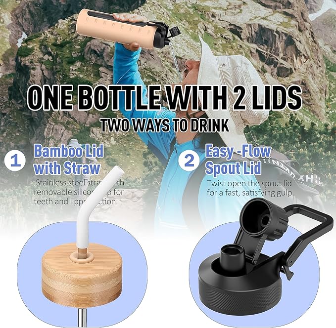 Glass Water Bottles with Straw -24oz- Water Bottle Phone Holder for Gym Sports Water Bottles with Silicone Sleeve Glass Drinking Bottles 2 Lids - Spout & Bamboo Straw Lid(White)