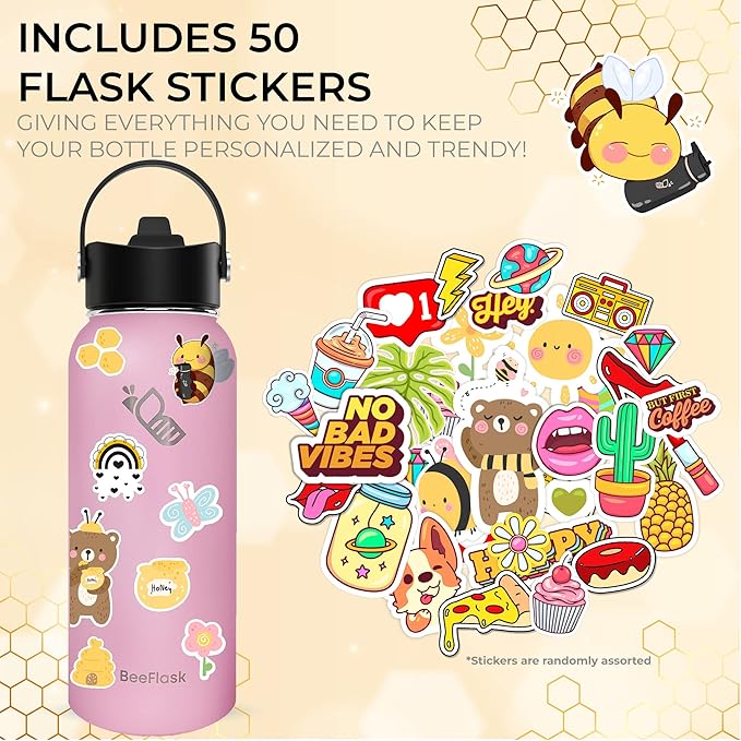 Sports Water Bottle - 32 Oz, 3 Lids (With straw), 50 Cute Stickers, Vacuum Insulated, 308 Stainless Steel, with a Portion of Sales Supporting Bee Conservation Efforts (Baby Pink)
