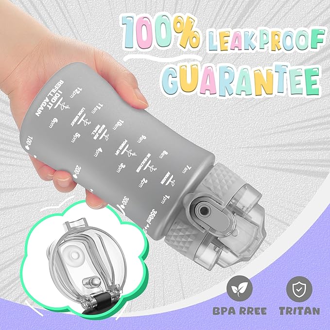 OLDLEY Kids Water Bottle for School, 12 oz (2 lids) BPA-Free Reusable Leak-proof Durable Tritan Plastic Water Bottles with Straw & Chug Lids, Anti-dust Spout Cover (Grey)