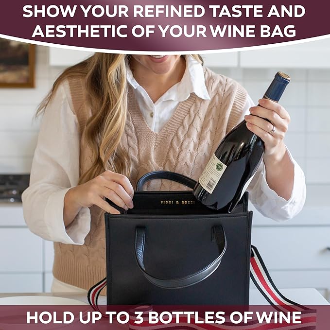 FIORI & ROSSI PU Leather Wine Bottle Carrier Bag - Insulated Wine Bag to Store & Carry up to 3 Bottles for Travel, Picnics & Parties - Wine Tote Bag Buckle & Zipper Closure Sleeve Dividers - Black