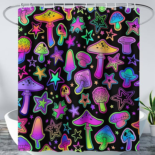 AILONEN Cute Mushroom Window Curtain for Kids,Star Purple Mushroom Curtain for Bathroom Decor,Gradient Mushroom Polyester Waterproof with 12 Plastic Hooks 36" W*72" H