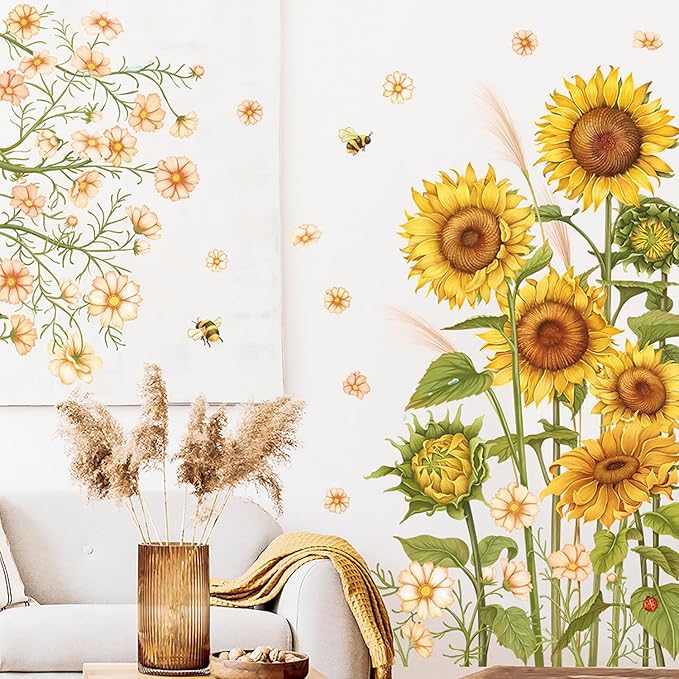 Large Sunflower Wall Decals Garden Flowers Butterfly Wall Stickers Green Leaves Floral Wall Art for Bedroom Bathoom Kids Wall Decor