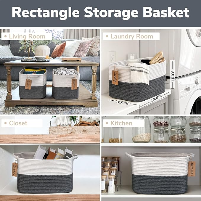 Goodpick Woven Storage Basket for Shelves, Baskets for Organizing, Cotton Rope Basket with Handles, Rectangle Basket for Baby Toy Storage, 13 x 10 x 9 Inches, White & Dark Grey