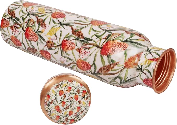 Pure Copper Water Bottle - Handcrafted - Ayurveda Health Benefits -Fruits Prints 35 OZ - Leak proof - Easy to carry For Sports, Fitness, Yoga, School - Vintage Enamel.