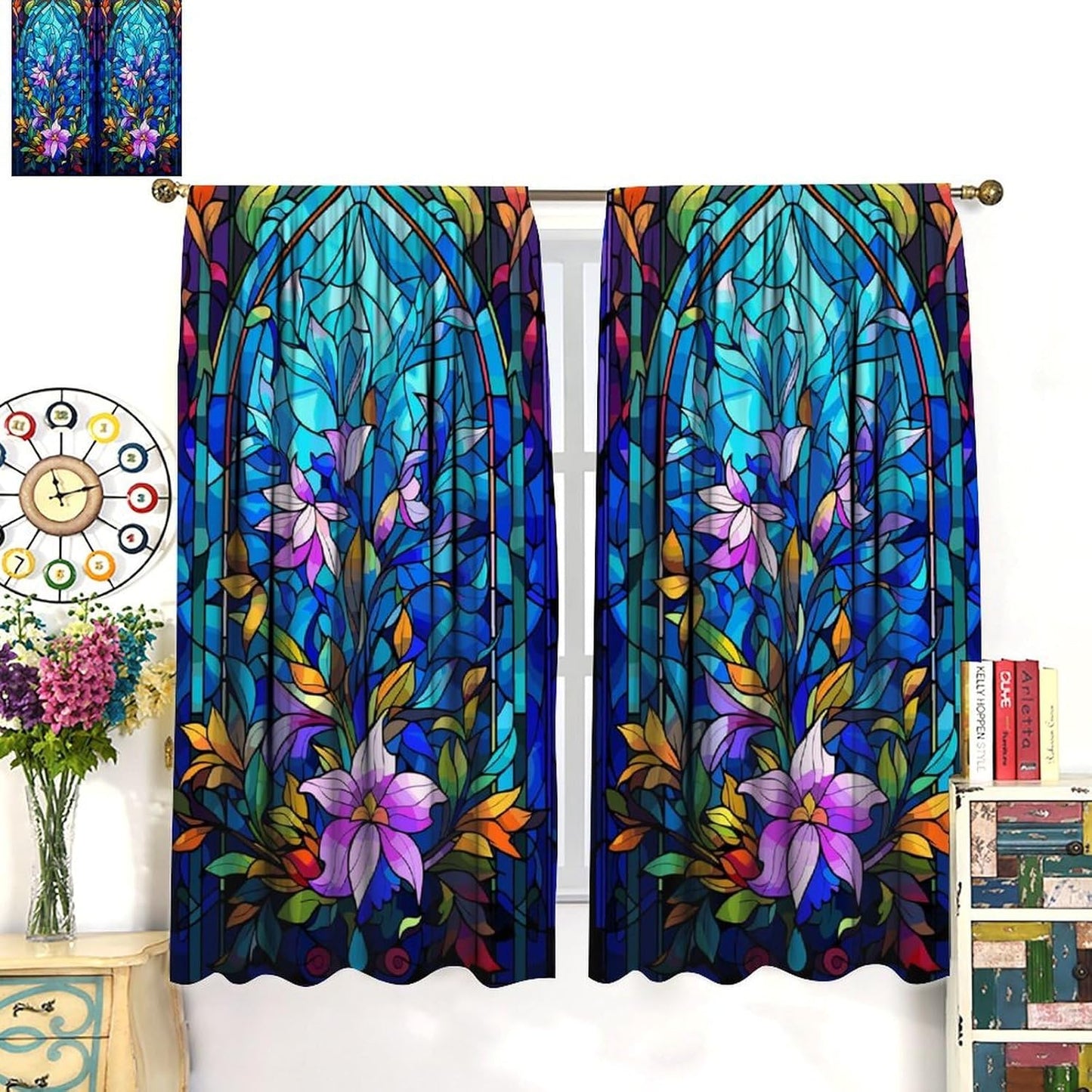 Stained Glass Curtains,Abstract Colorful Floral Geometric Art Home Decor Drapes for Bedroom Living Room Kitchen Window Treatment 2 Panels Set Total Size 72" W X 63" L Inch