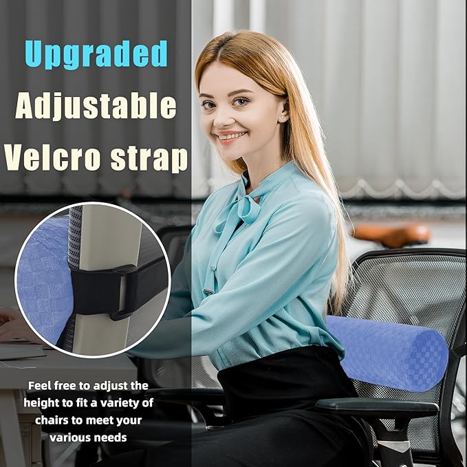 Lumbar Roll Pillow for Lower Back, Lumbar Support Foam Roll Cushion with Pillowcase and Upgraded Strap for Office, Chair, Car, Seat Pain Relief & Improving Posture (Light Blue, Long-15*4.3'')