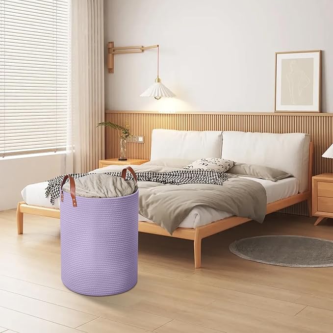80L Large Rope Basket, Woven Rope Storage Basket with Leather Handles, Dog Toy Storage Basket, Bedroom, Nursery Blanket Storage, Bathroom Laundry Basket, 16“x20” Tall Rope Basket (Purple)