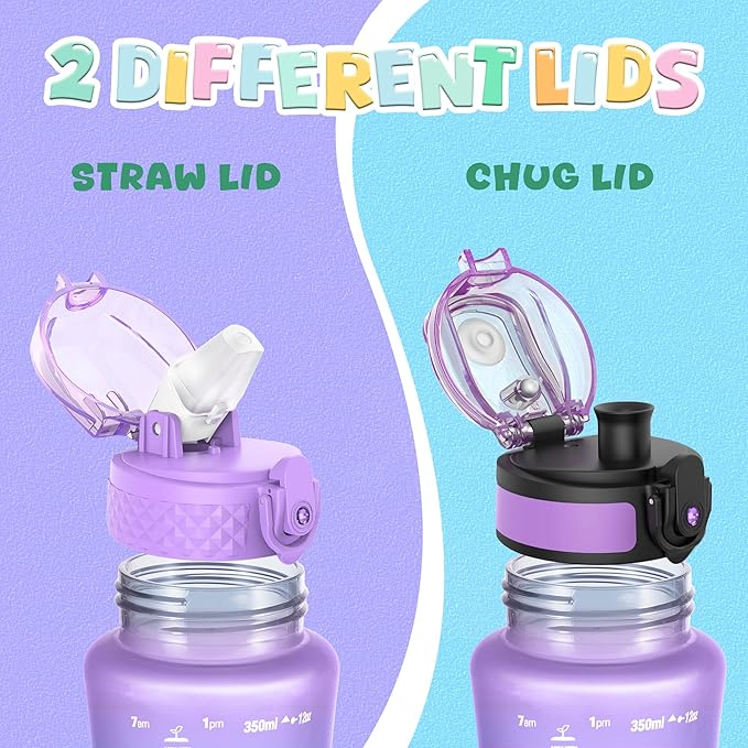 OLDLEY Kids Water Bottle for School, 12 oz (2 lids) BPA-Free Reusable Leak-proof Durable Tritan Plastic Water Bottles with Straw & Chug Lids, Anti-dust Spout Cover (Macaroon)