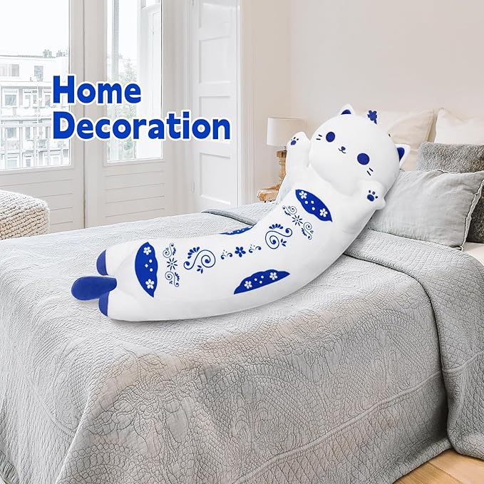Long Cat Plush Kawaii Kids Plush Toy Pillows, Cute Cat Stuffed Animals Soft Plushies, Kitten Big Plush Toys Throw Body Pillow Doll Gift for Girls Boys (Blue Cat 28 Inch)