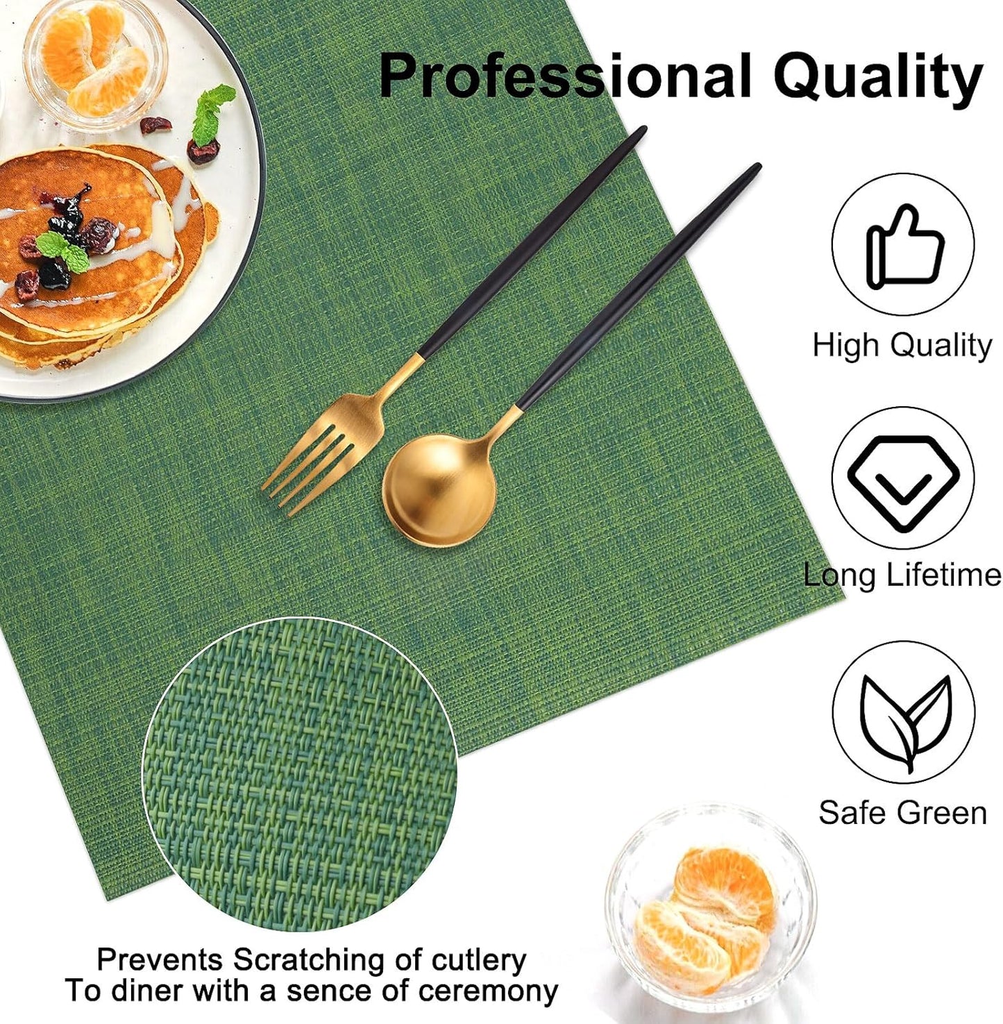 Vinyl Placemats Set of 8, PVC Woven Washable Non-Slip Table Mats, Heat Resistant Wrinkle Free Place Mats for Dining Table, Easy to Clean (8, Green)